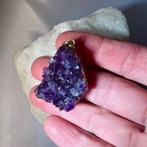 Raw Amethyst Crystal Cluster Pendant with Electroformed 18k Gold Trim [Druzy]